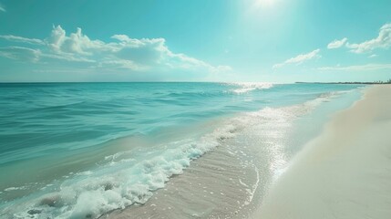 Poster - A serene beach with turquoise water and white sand under a clear sky.