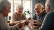 © john - Joyful group of seniors playing cards and sharing laughter in a retirement nursing home, camaraderie and enjoyment create a warm and lively atmosphere in the community living space, 