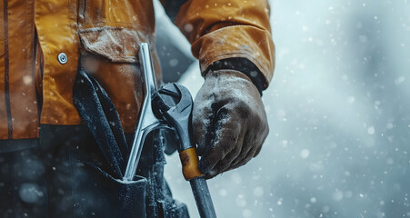 Close-up of a Hand Holding a Wrench, Worker Wearing Work Gloves Ready for Mechanical Repairs in an Industrial Setting