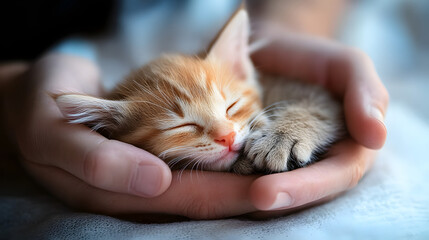 Wall Mural - Kitten sleeping in man hands. Cats sleep.