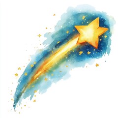 a colorful watercolor depiction of a shooting star with a bright yellow star and a trail of blue and