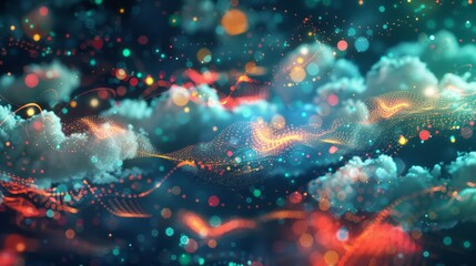 Abstract digital depictions of cloud technology engineering serve as visual metaphors for the interconnected web of data flows and computational processes