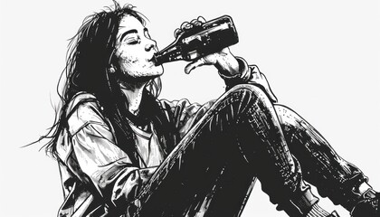 Young punk woman drinking beer from bottle black and white illustration