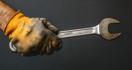 Wall Mural - Close-up of a Hand Holding a Wrench, Worker Wearing Work Gloves Ready for Mechanical Repairs in an Industrial Setting