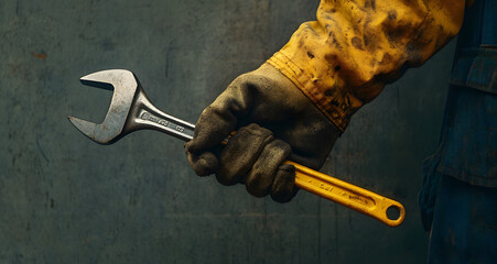 Wall Mural - Close-up of a Hand Holding a Wrench, Worker Wearing Work Gloves Ready for Mechanical Repairs in an Industrial Setting