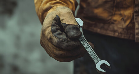 Wall Mural - Close-up of a Hand Holding a Wrench, Worker Wearing Work Gloves Ready for Mechanical Repairs in an Industrial Setting