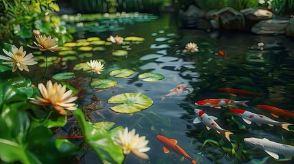 Wall Mural - A serene garden pond with koi fish swimming and water lilies blooming.