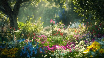 Wall Mural - A serene garden with a variety of colorful flowers.