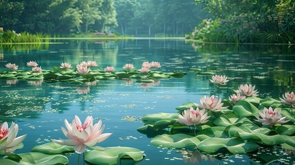 Sticker - A serene lake with lily pads and blooming lotus flowers.