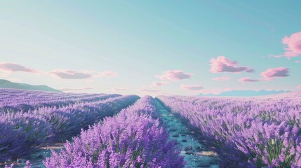 Wall Mural - A serene lavender farm with rows of purple flowers and clear blue skies.