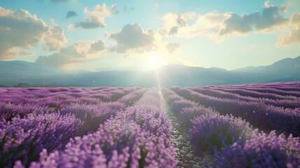 Wall Mural - A serene lavender field with rows of purple flowers and sunshine.