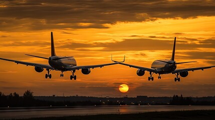 rear view of two airplanes for commercial passenger or cargo transportation aircraft flying in sequence and spread the wheel for landings to airport on golden sunset sky in dusk or evening