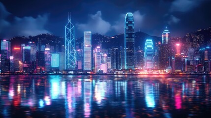 Smart network and Connection technology concept, Hong Kong digital city background at night in victoria harbour, Cyberpunk color style, Panorama view