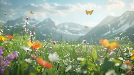 Wall Mural - A serene meadow with colorful flowers and butterflies fluttering about.