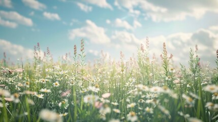 Wall Mural - A serene meadow with tall grass and wildflowers under a bright sky.