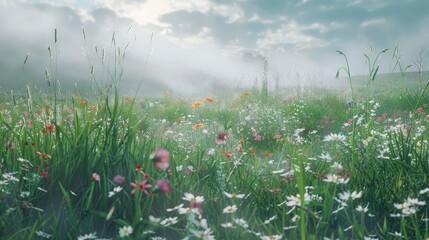 Wall Mural - A serene meadow with wildflowers and tall grasses swaying in the breeze.