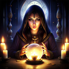 A fortune teller in a dark, mystical room with a crystal ball, surrounded by candles and Halloween decorations