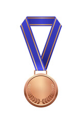 Wall Mural - Bronze medal with blue ribbon third place vector illustration. Realistic isolated trophy medal with metal reward badge for winners and champions.