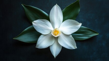 Top view of a single white orchid flower with its leaves arranged symmetrically. -