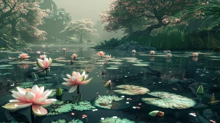 Canvas Print - A serene pond surrounded by a riot of water lilies, their large, floating leaves and delicate, floating blooms creating a tranquil and serene scene