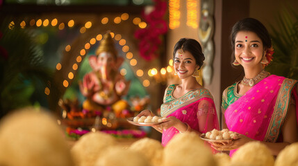 Sticker - young indian woman holding plate of laddu in hand