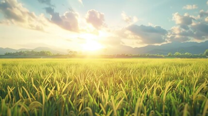 Sticker - A serene rice paddy field with golden grains ready for harvest.