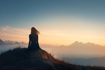 Silhouette of a woman at sunset on a hill