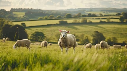 A serene sheep farm with grazing sheep and a picturesque countryside.