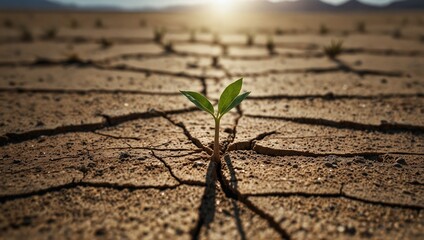 photo of young plant shoots growing in dry soil made by AI generative