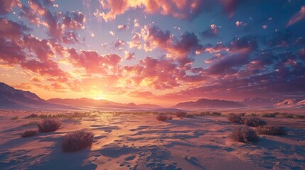 Wall Mural - A serene sunrise over a desert landscape with the sky filled with warm colors.