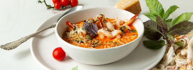 Wall Mural - bowl of tomato cream soup with shrimp on a light table