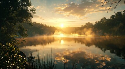 Poster - A serene sunrise over a tranquil lake surrounded by dense forest.