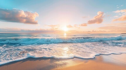 Wall Mural - A serene sunrise over a tranquil beach, with the sun rising over the horizon, casting a warm glow over the sand and the gentle waves