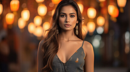 Poster - young indian woman standing on lighting background