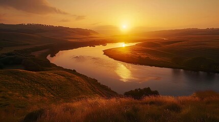 Sticker - A serene sunrise over a winding river, with the sun rising over the water, casting a warm glow over the banks and the surrounding landscape