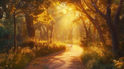 Sticker - A serene sunset illuminating a tranquil forest, with a winding path leading through the trees and a warm, golden light filtering through the leaves