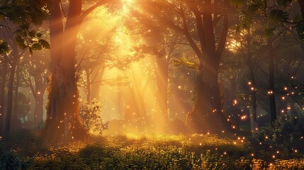 Poster - A serene sunset illuminating a tranquil forest, with sunbeams filtering through the trees and casting a magical ambiance