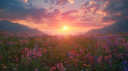 Wall Mural - A serene sunset over a field of wildflowers with the sky ablaze in vibrant colors.