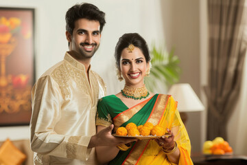 Wall Mural - young indian couple holding a plate with laddu