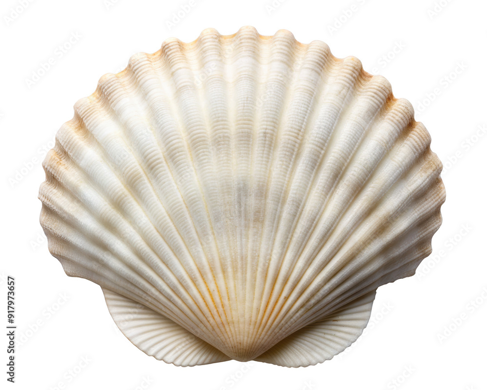 White scallop seashell with subtle, elegant patterns and smooth ridges ...
