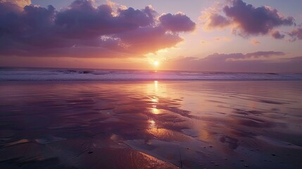 Sticker - A serene sunset over a tranquil beach with the sky reflecting in the wet sand.