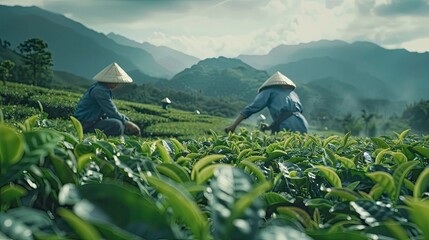 Wall Mural - A serene tea field with workers carefully plucking tea leaves.