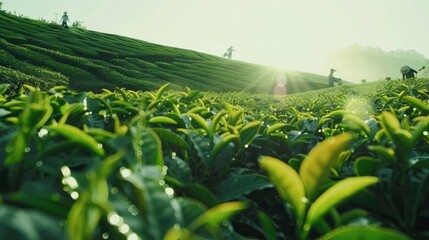 Poster - A serene tea field with workers plucking tea leaves.