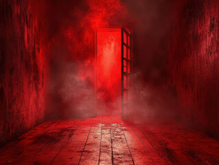 Wall Mural - A red room with a door that is open and smoke coming out of it