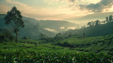 Canvas Print - A serene tea plantation with workers harvesting leaves.