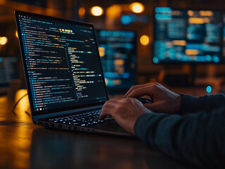a programmer coding on a laptop in a dimly lit workspace with multiple screens displaying data at ni