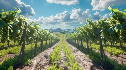 Wall Mural - A serene vineyard with rows of grapevines and clear blue skies.