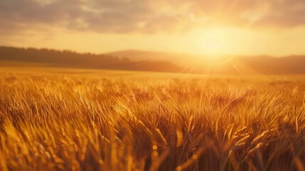 Sticker - A serene wheat field at sunrise with golden crops swaying in the wind.