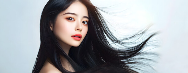 Sticker - Beautiful young asian model advertising long black hair. Advertising design for cosmetics, beauty salon. Banner. 