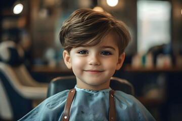 Poster - Child haircut salon. Portrait of happy child with beautiful haircut. Close-up. 